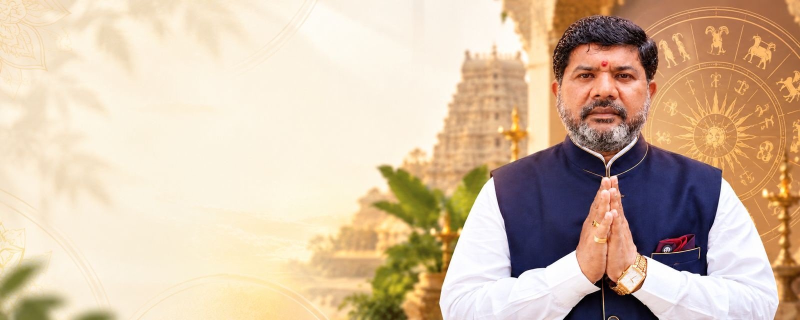 Guruji Vijaykumar Shastriji greeting visitors with namaste beside a Vedic zodiac wheel